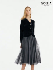 Goelia Two-Piece Black Velvet Shell-Trimmed Neckline Long-Sleeved Top & Sequined Mesh Skirt