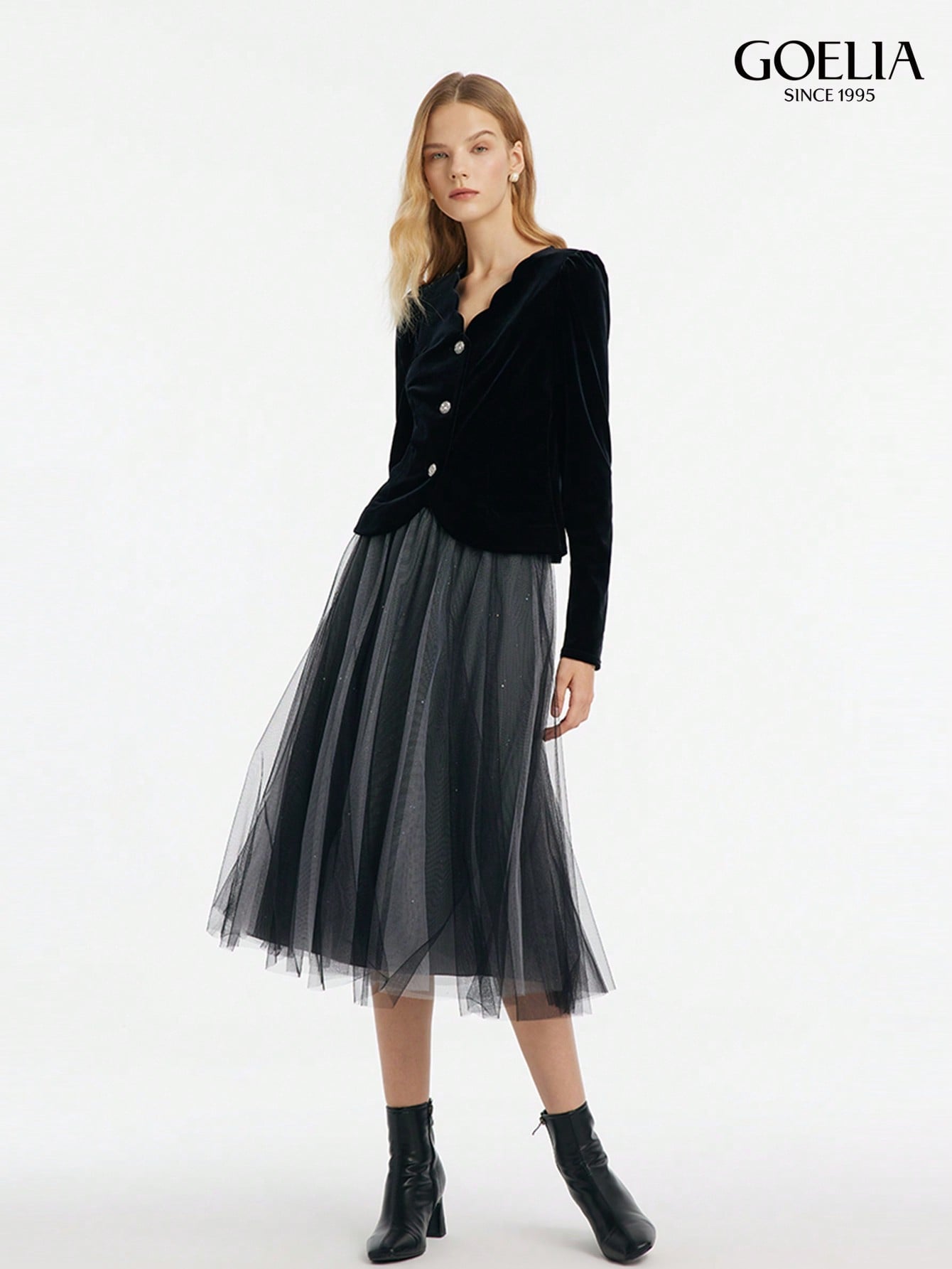 Goelia Two-Piece Black Velvet Shell-Trimmed Neckline Long-Sleeved Top & Sequined Mesh Skirt