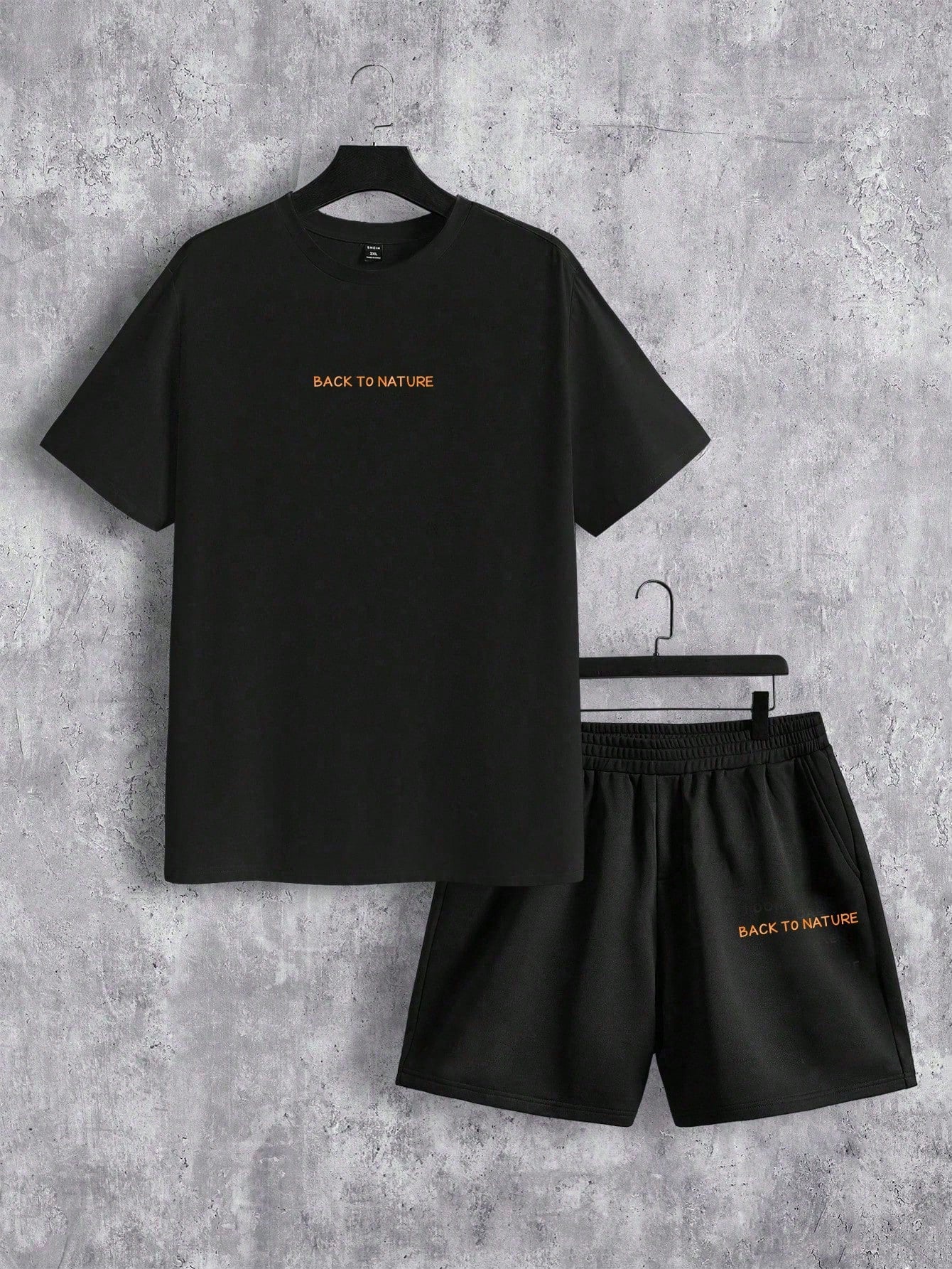 Men'S Letter Printed Short Sleeve T-Shirt And Shorts Set