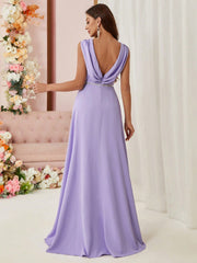 Belle Bridesmaid Dress With Draped Neckline, Waist Belt, Hollow Back And Weaving Detail