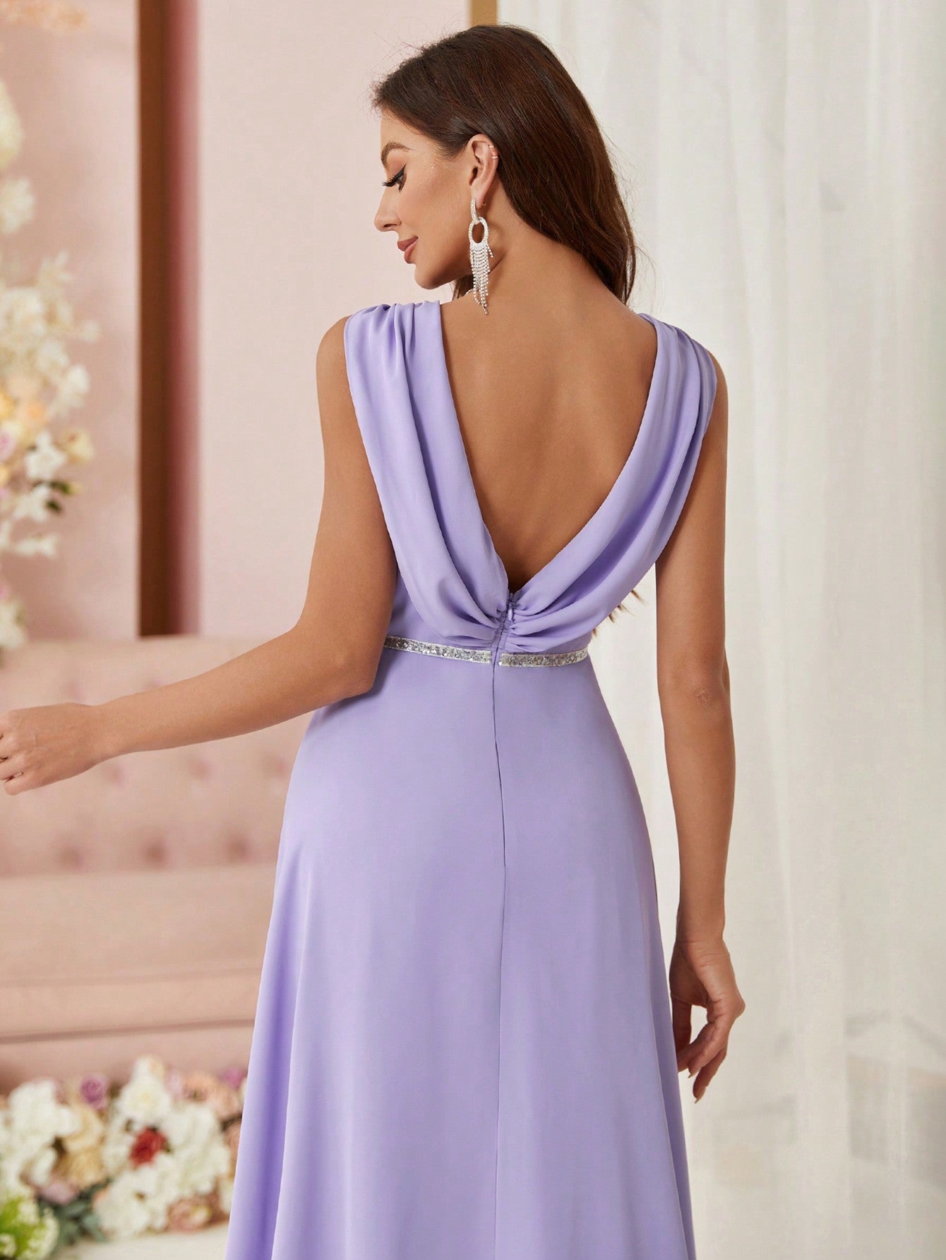 Belle Bridesmaid Dress With Draped Neckline, Waist Belt, Hollow Back And Weaving Detail