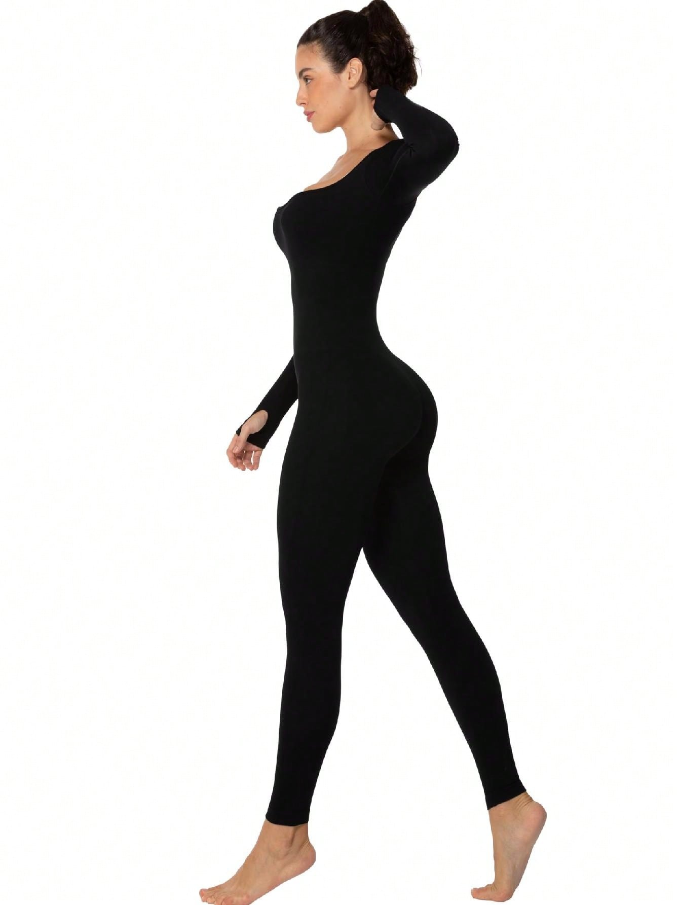 Long Sleeve Bodysuits One Piece Jumpsuit For Women With Square Neck And Butt Scrunch Leggings Seamless Ribbed Rompers