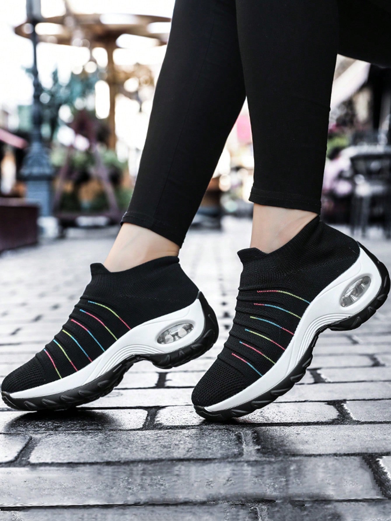 Women'S Breathable Knit Chunky Sneakers, Casual Slip On Air Cushion Shoes, Lightweight Low Top Sock Shoes