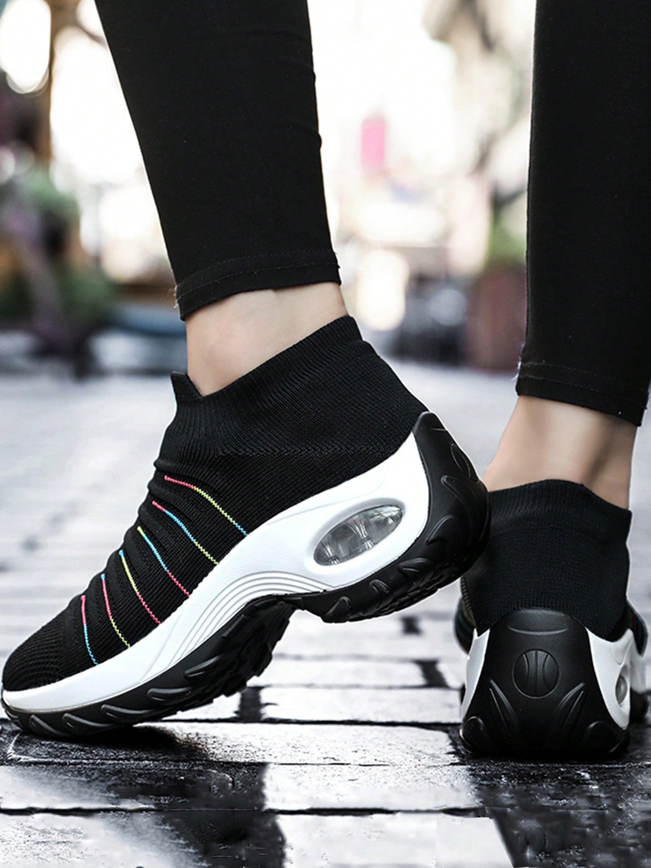 Women'S Breathable Knit Chunky Sneakers, Casual Slip On Air Cushion Shoes, Lightweight Low Top Sock Shoes