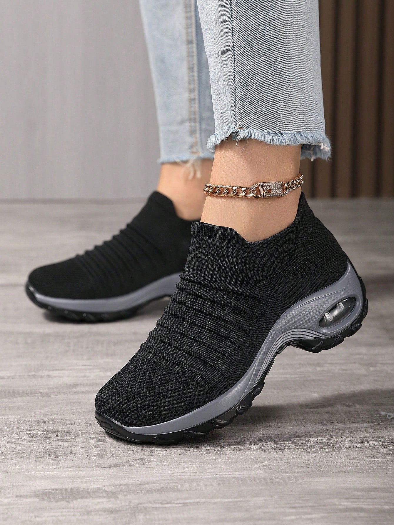 Women'S Breathable Knit Chunky Sneakers, Casual Slip On Air Cushion Shoes, Lightweight Low Top Sock Shoes