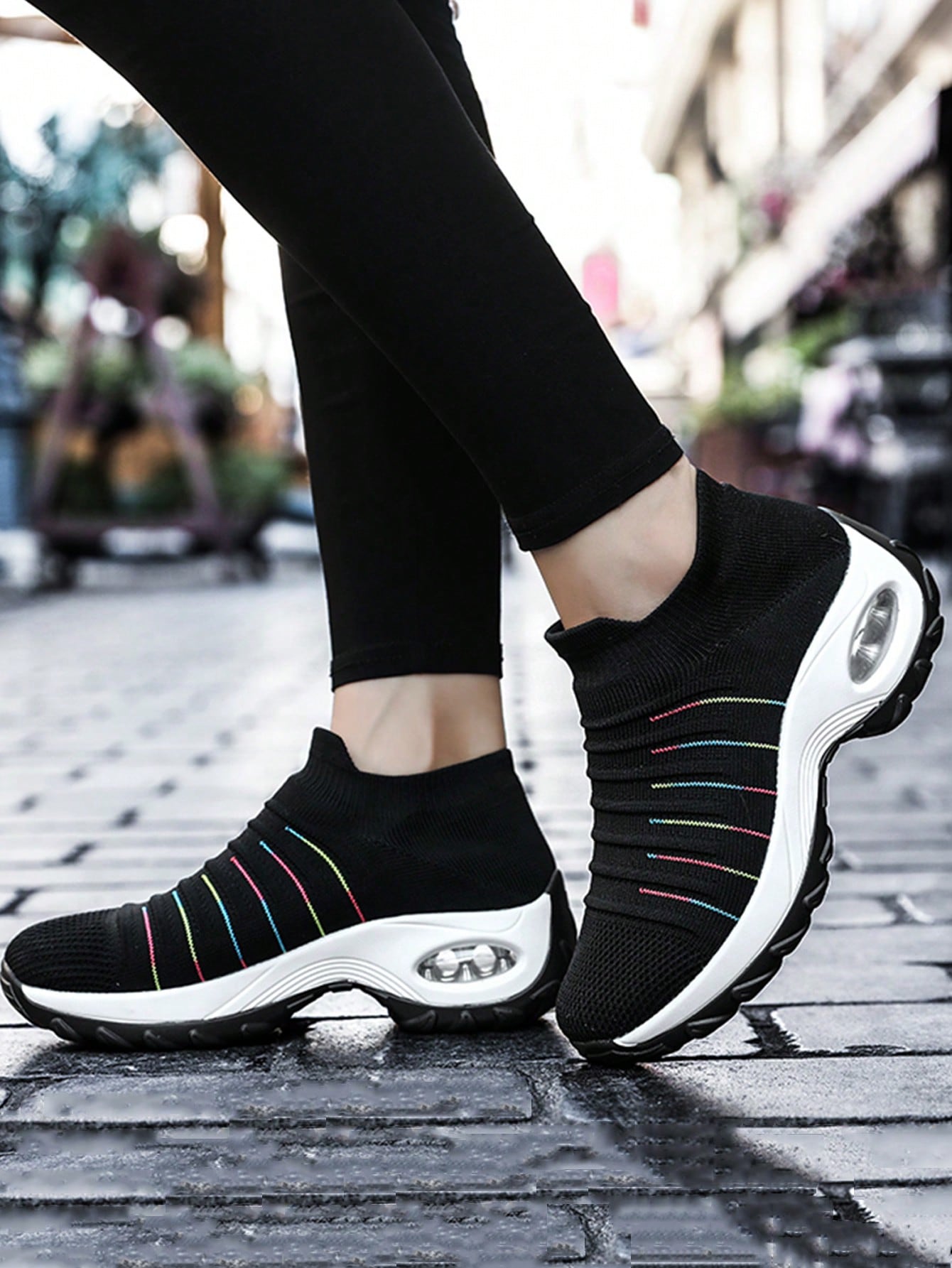 Women'S Breathable Knit Chunky Sneakers, Casual Slip On Air Cushion Shoes, Lightweight Low Top Sock Shoes