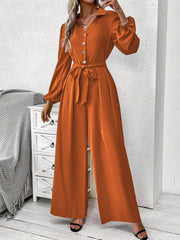 Frenchy Women's Solid Color Lantern Sleeve Belted Jumpsuit