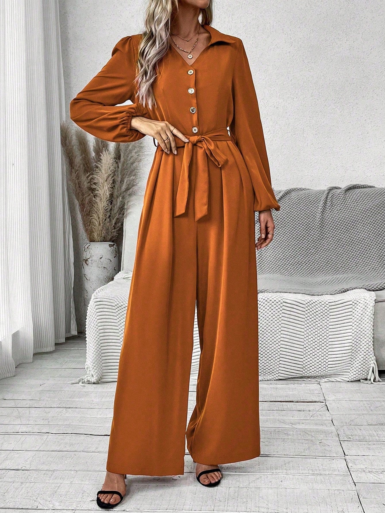 Frenchy Women's Solid Color Lantern Sleeve Belted Jumpsuit