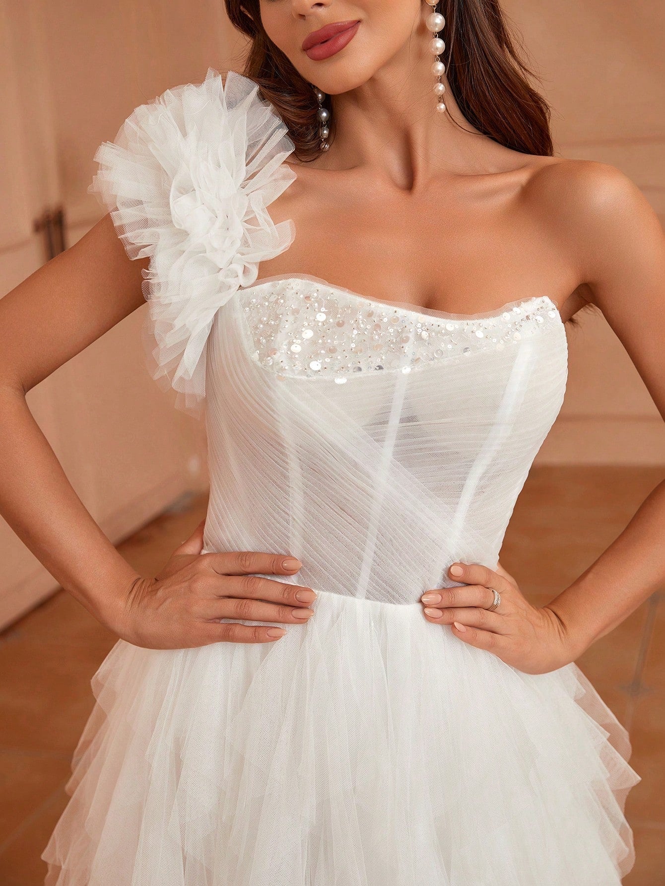 Belle Mermaid Style One-Shoulder Wedding Dress With 3d Flower And Ruffle HemSlim Pure White Wedding Dress