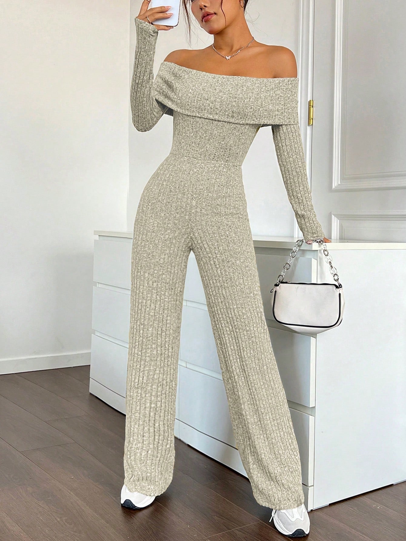 EZwear Foldover Off Shoulder Wide Leg Jumpsuit