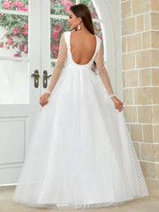 Belle Three-Dimensional Flower U-Shaped Backless See-Through Long-Sleeved Wedding Dress With Full Swing