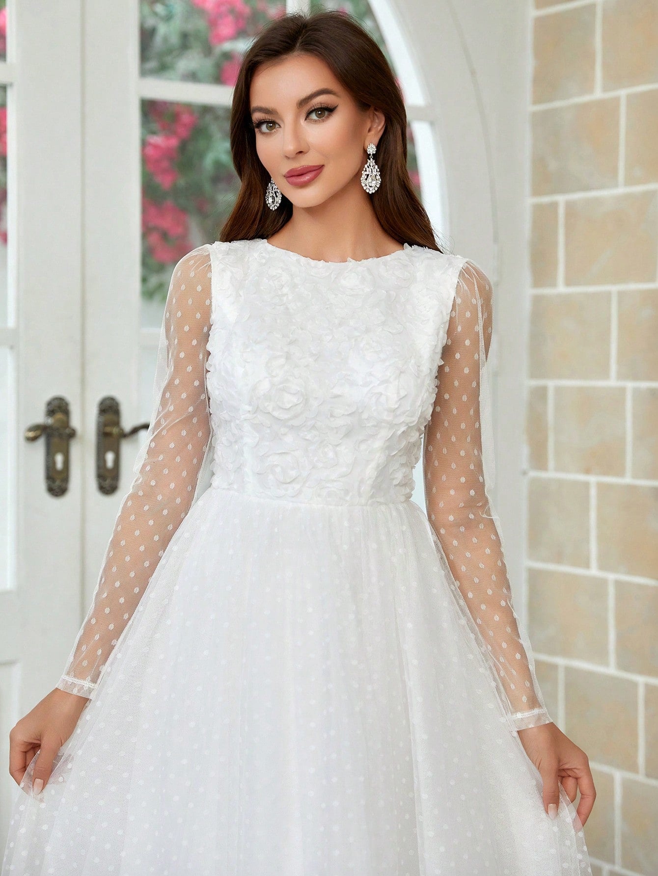 Belle Three-Dimensional Flower U-Shaped Backless See-Through Long-Sleeved Wedding Dress With Full Swing