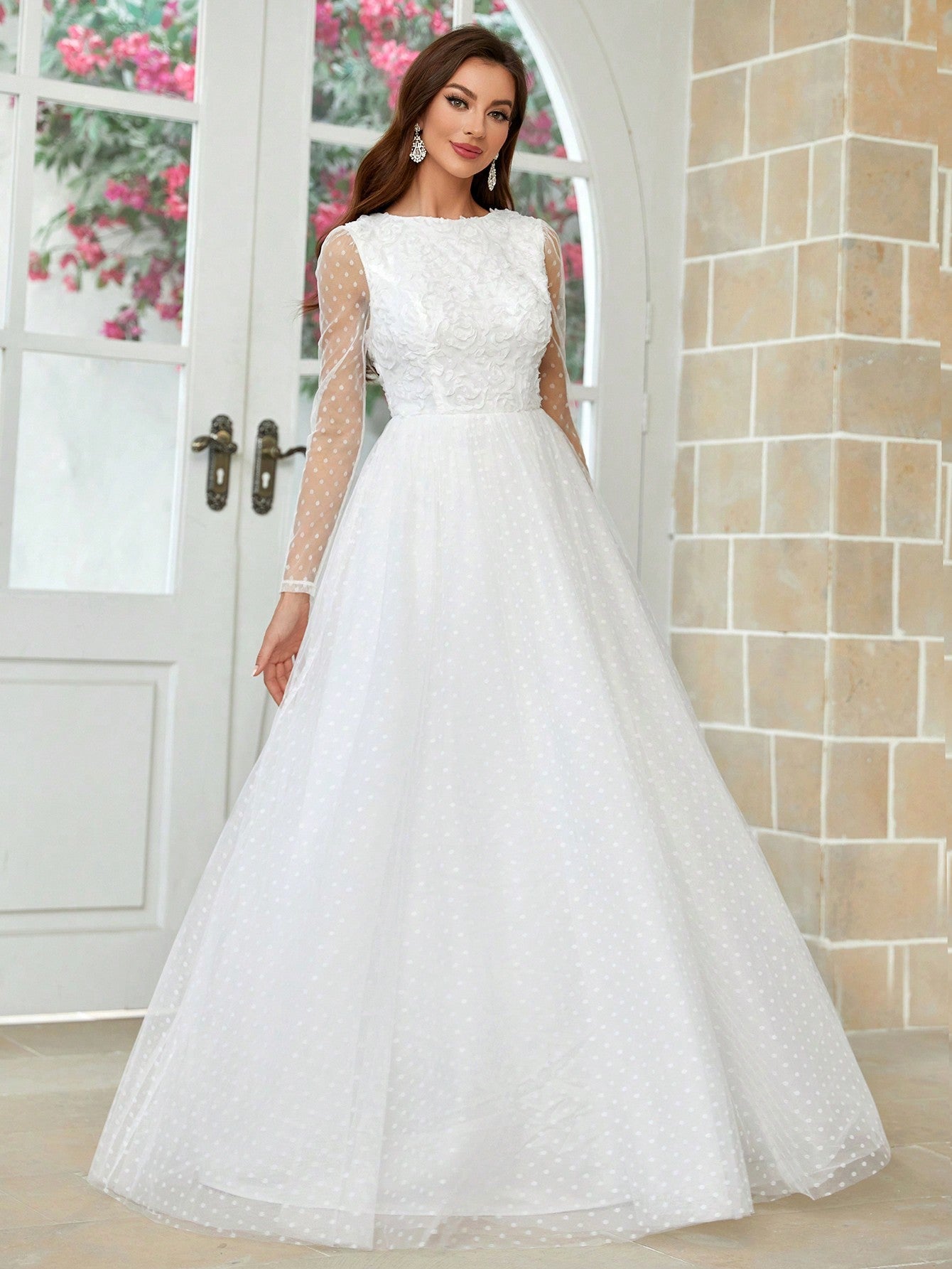 Belle Three-Dimensional Flower U-Shaped Backless See-Through Long-Sleeved Wedding Dress With Full Swing