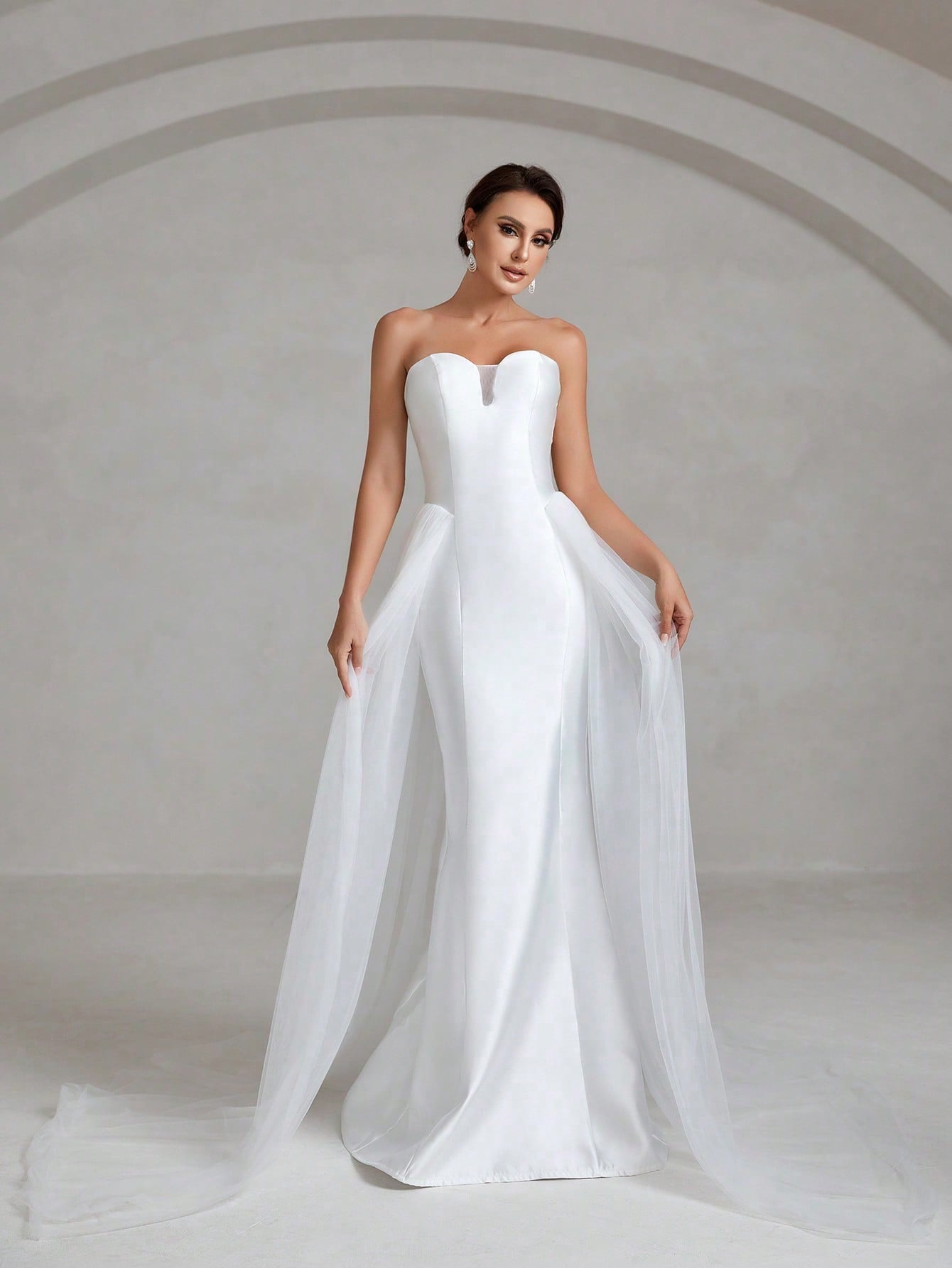 Contrast Mesh Mermaid Hem Satin Tube Wedding Dress