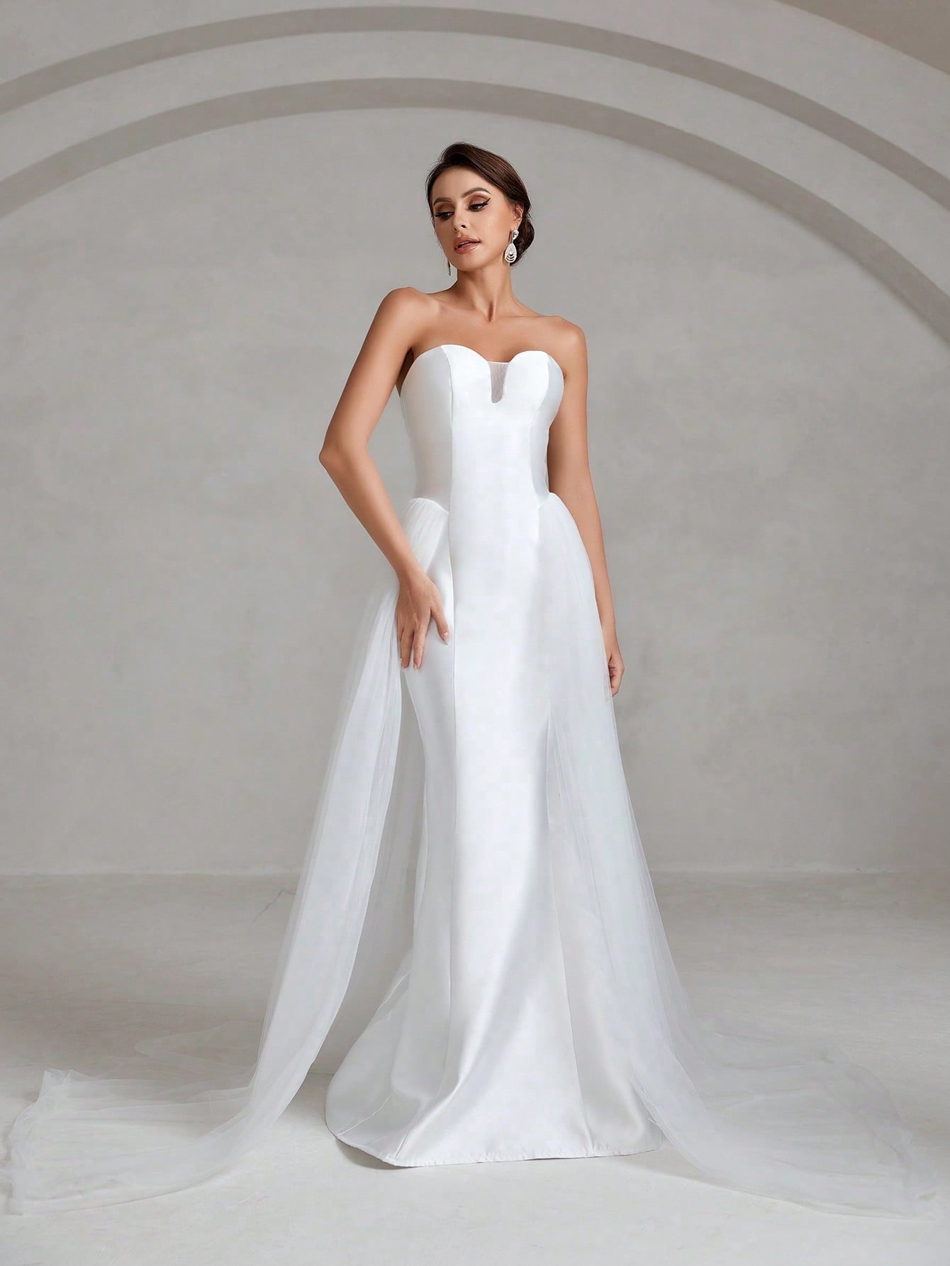 Contrast Mesh Mermaid Hem Satin Tube Wedding Dress