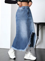 EZwear Women'S Frayed Irregular Hem Denim Skirt