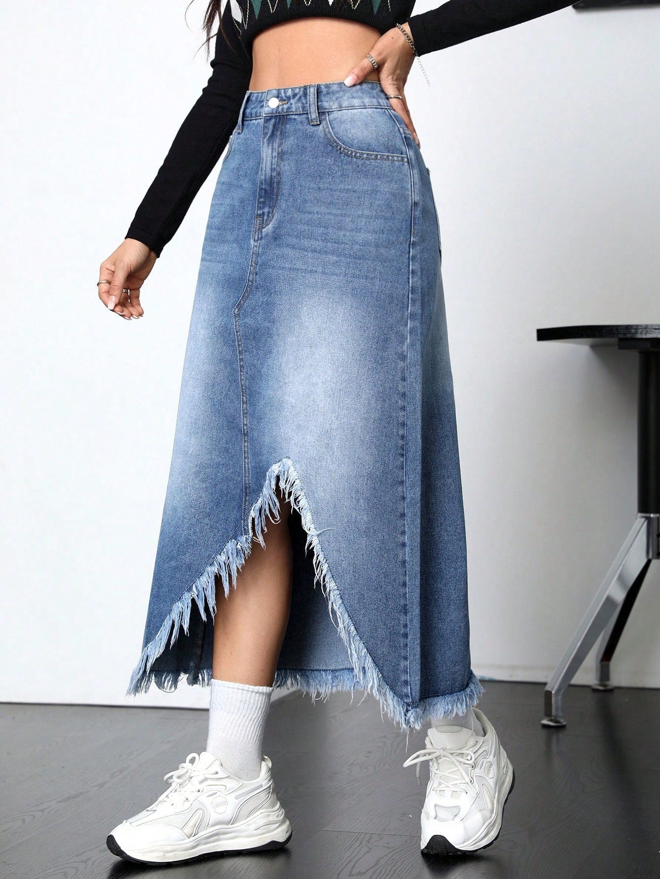 EZwear Women'S Frayed Irregular Hem Denim Skirt