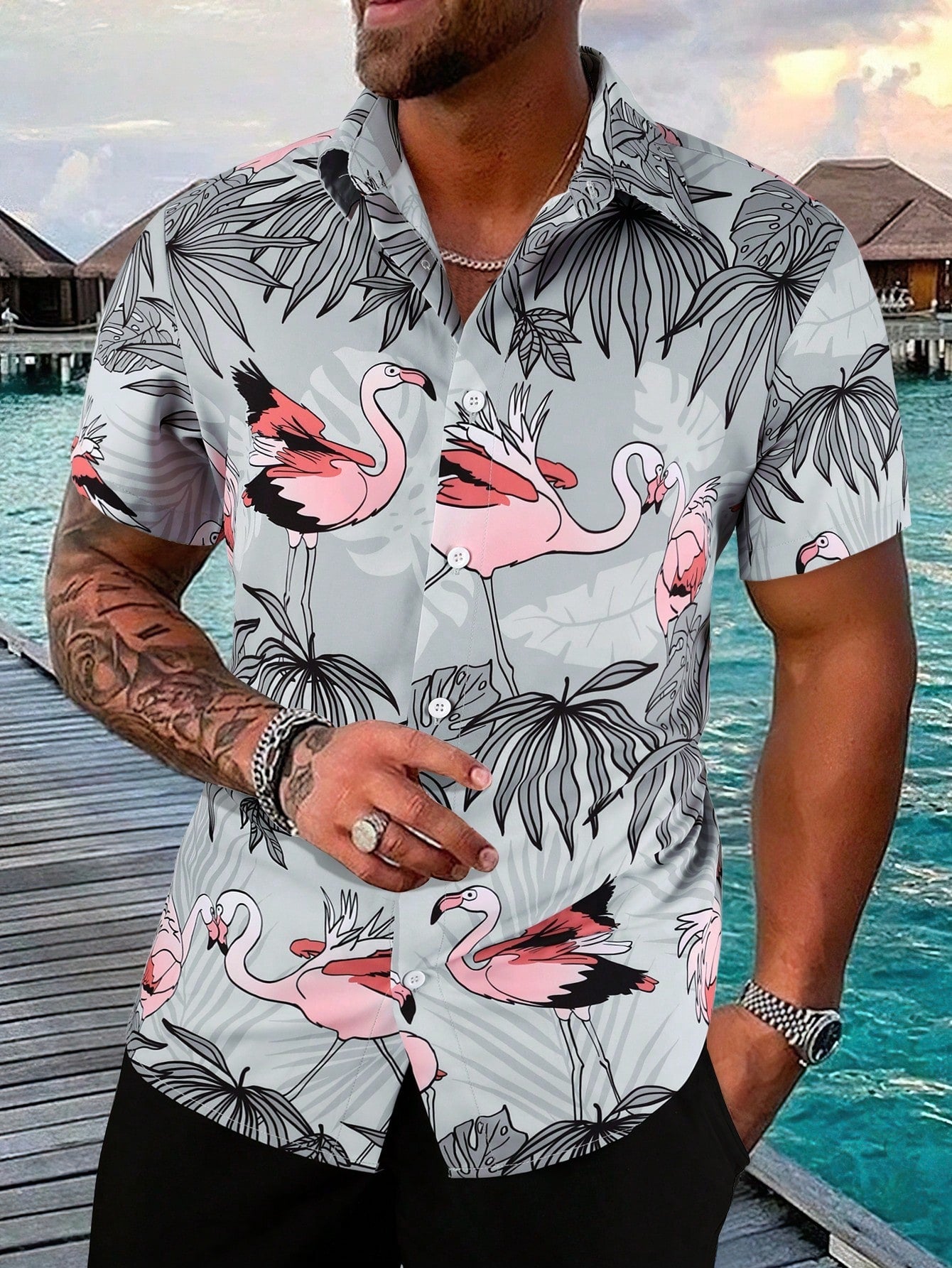 Manfinity Chillmode Men'S Short Sleeve Shirt With Plant & Flamingo Print