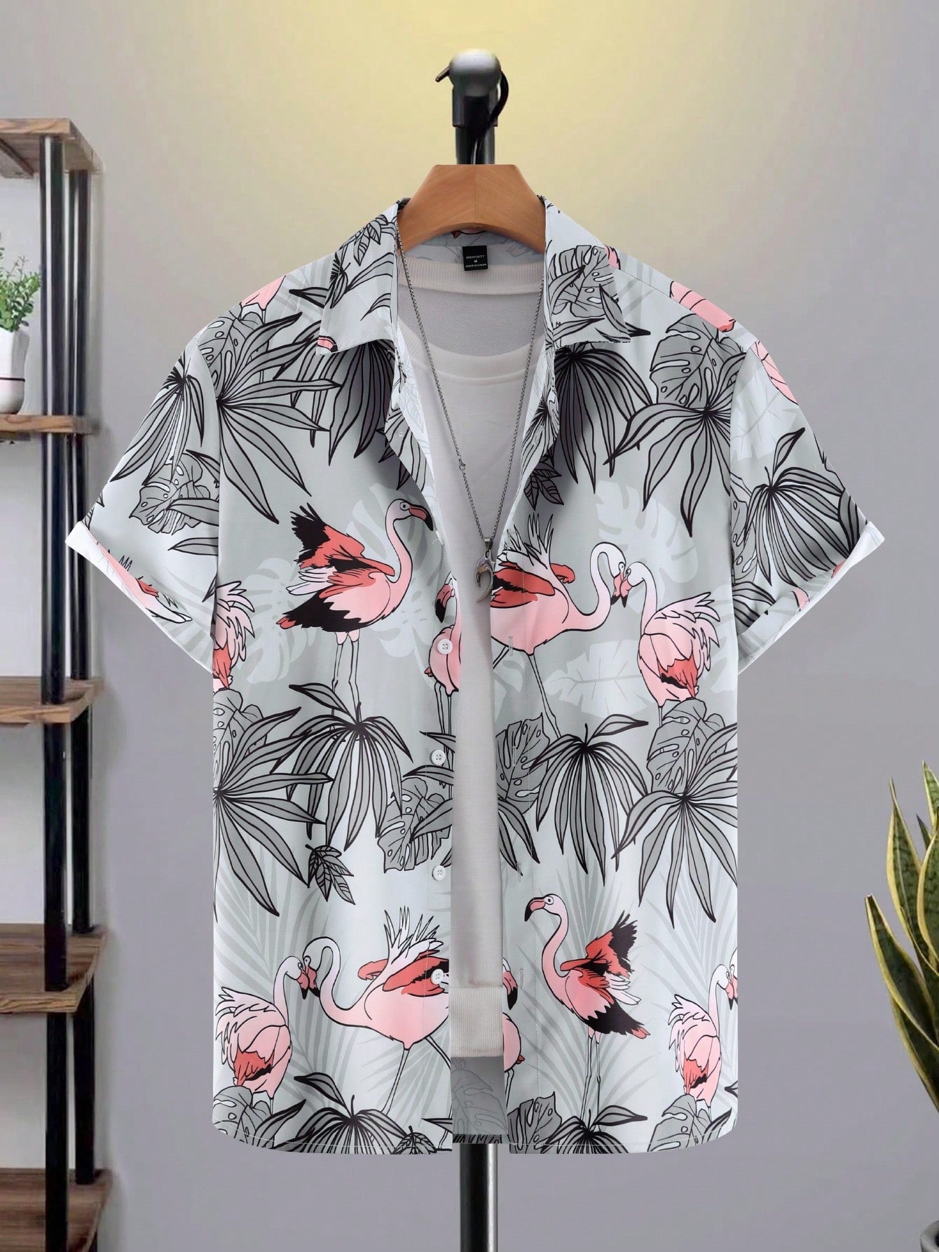 Manfinity Chillmode Men'S Short Sleeve Shirt With Plant & Flamingo Print