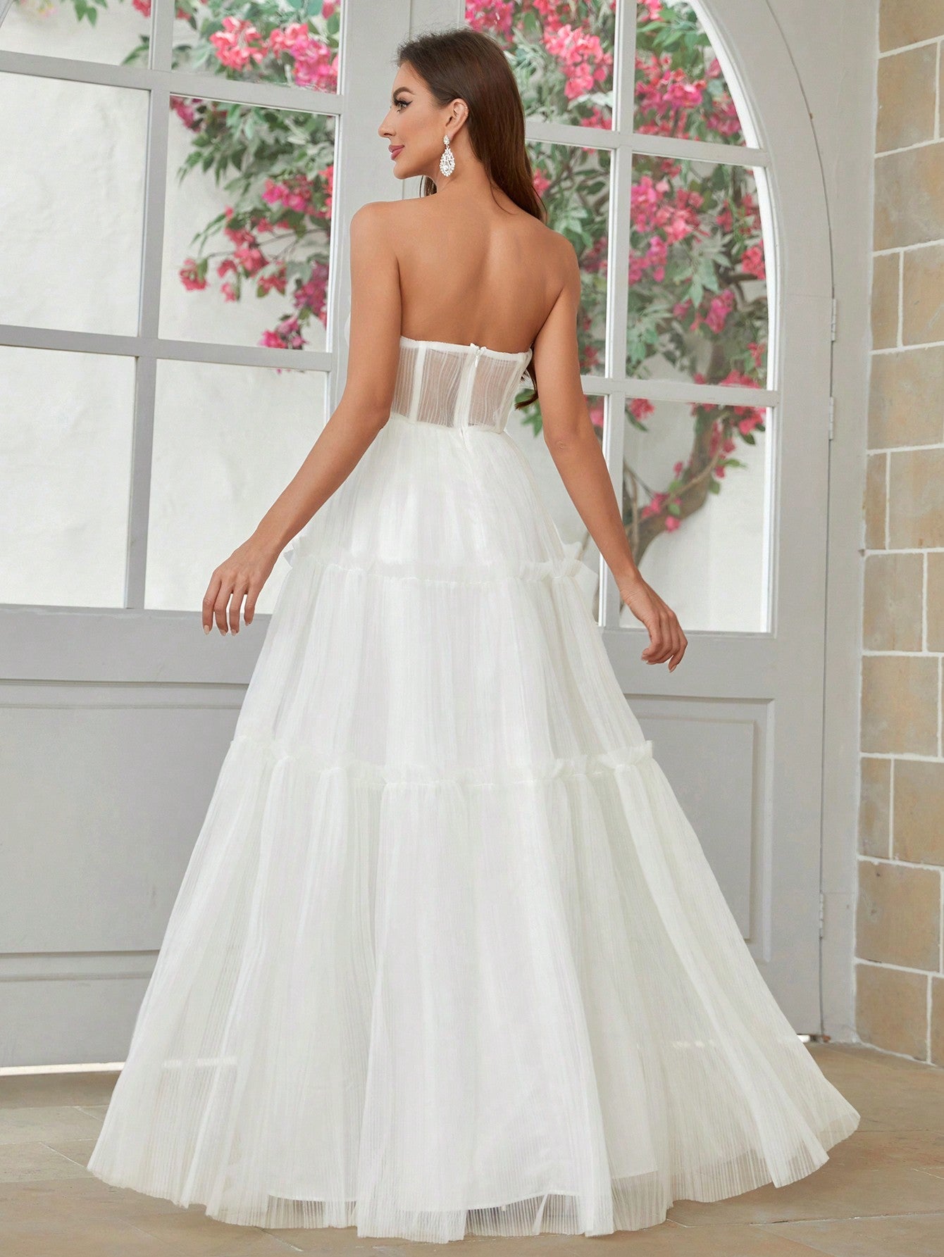 Belle Pleated A-Line Skirt With Gold Ribbon Decoration, Net Strapless Wedding Dress