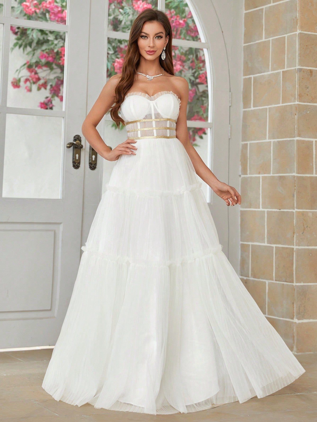 Belle Pleated A-Line Skirt With Gold Ribbon Decoration, Net Strapless Wedding Dress