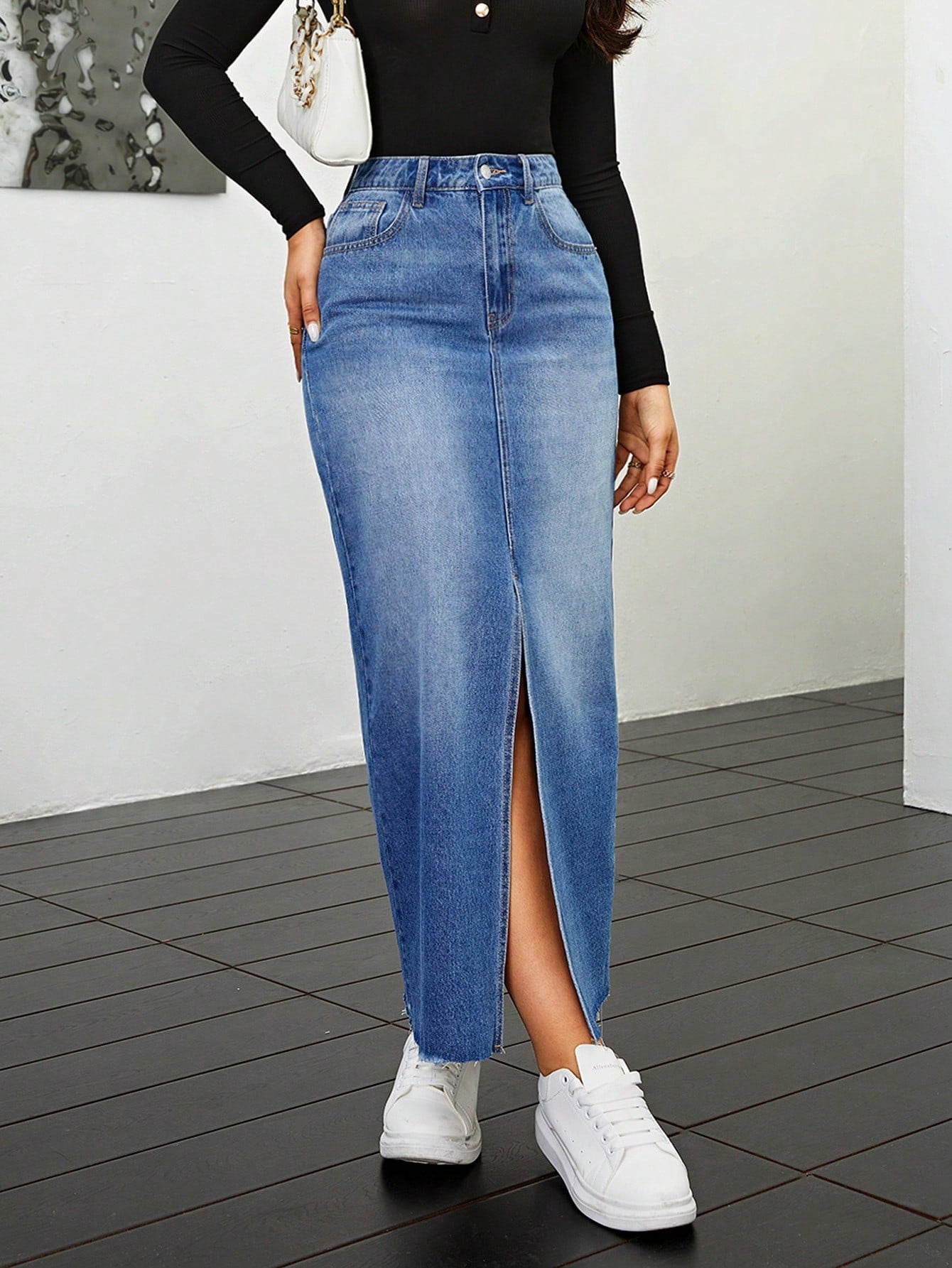 Privé Denim Front Slit Raw Hem Skirt