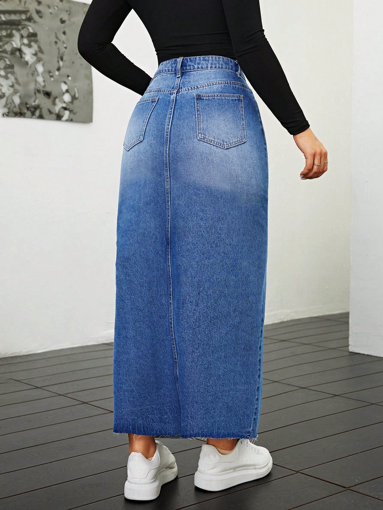 Privé Denim Front Slit Raw Hem Skirt