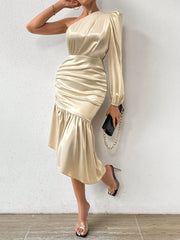 Privé Solid Colored Satin One Shoulder Ruffle Trimmed Waist Tied Long Sleeve Dress