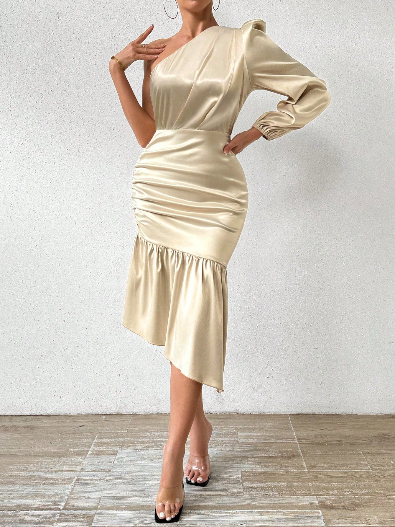 Privé Solid Colored Satin One Shoulder Ruffle Trimmed Waist Tied Long Sleeve Dress