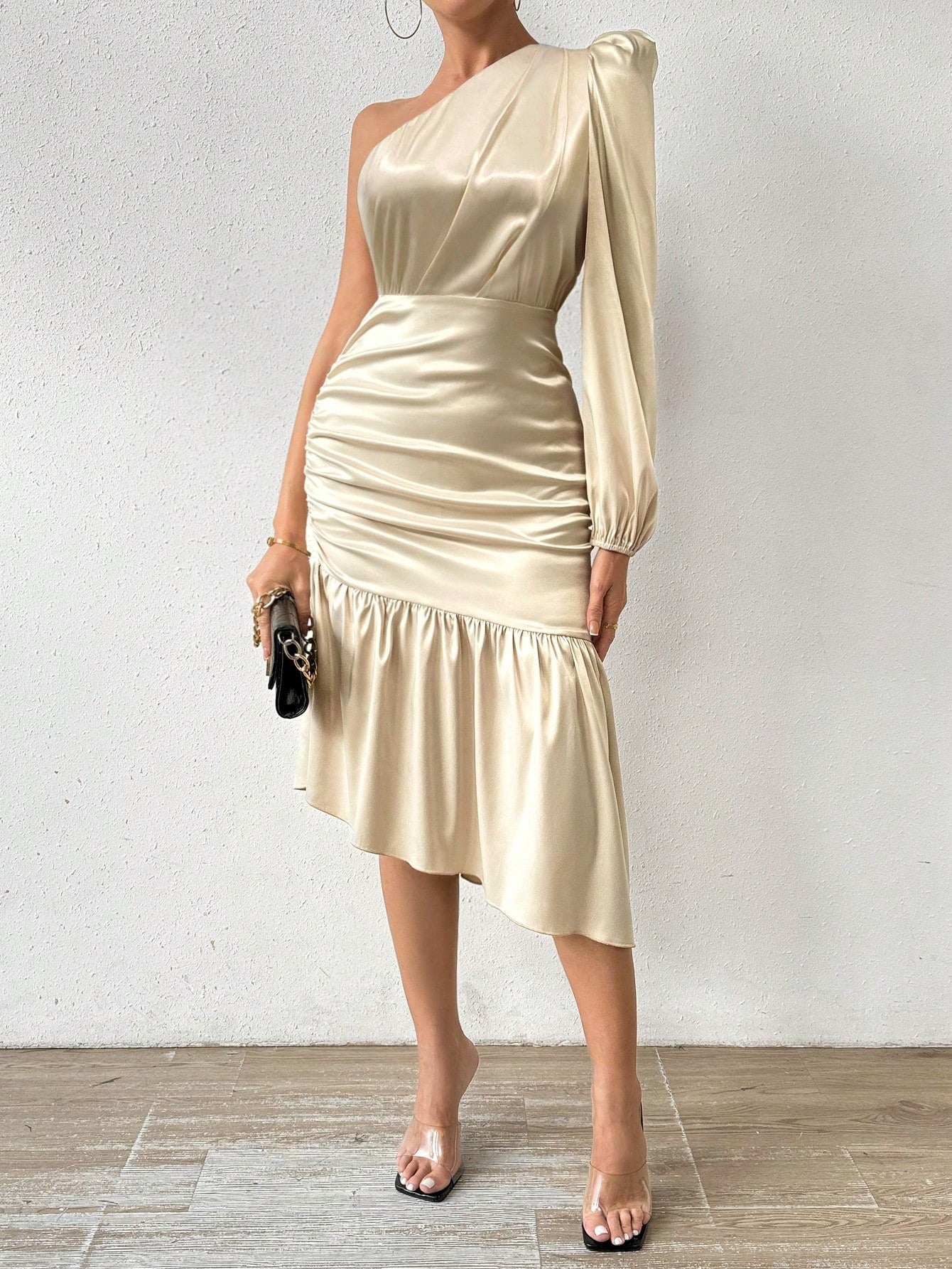 Privé Solid Colored Satin One Shoulder Ruffle Trimmed Waist Tied Long Sleeve Dress