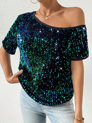 Privé Women's Sparkly Oblique Shoulder T-Shirt