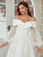 Belle 3d Blossom Fabric Off Shoulder Lantern Sleeve Ball Gown Wedding Dress