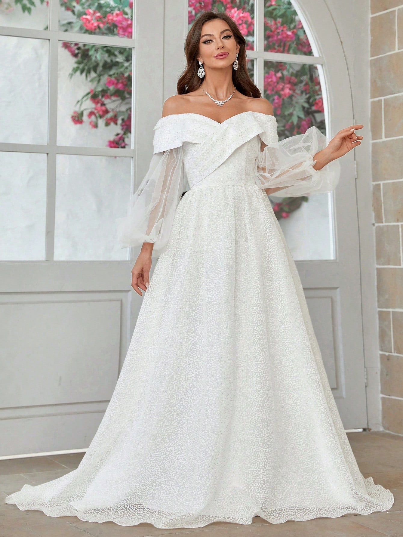 Belle 3d Blossom Fabric Off Shoulder Lantern Sleeve Ball Gown Wedding Dress