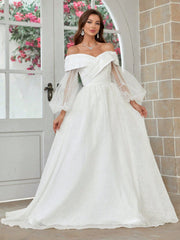 Belle 3d Blossom Fabric Off Shoulder Lantern Sleeve Ball Gown Wedding Dress