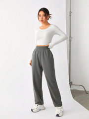 Daily&Casual Long Sleeve Crop Top And Elastic Waist Long Pants Sports Outfit