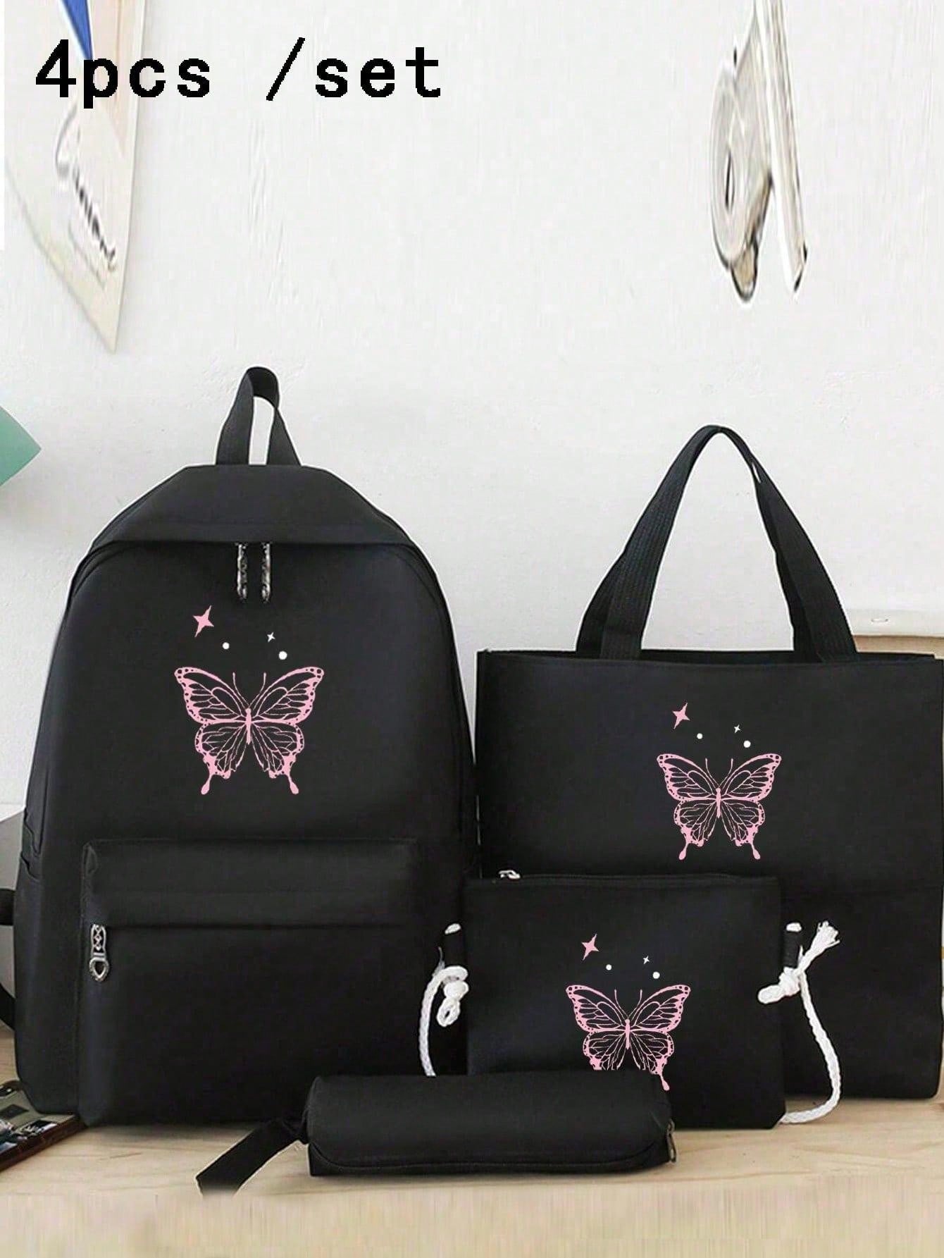 4 Pcs/Set Pink Butterfly Print Functional Simple Backpack Set School Bag Set, Fashion Backpack, Large Capacity Shoulder Bag, Portable Pencil Bag, Coin Purse, College Style Y2k Casual Style, Suitable For College Students, Teenage Girls, Freshmen, Sophomore