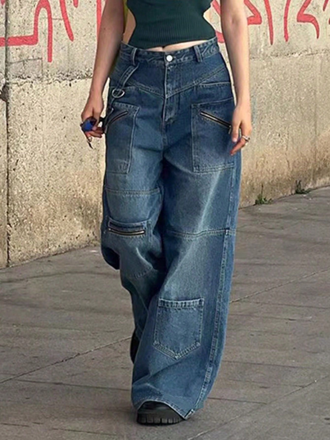 Multiple Pocket Zipper Closure Wide Leg Denim Pants