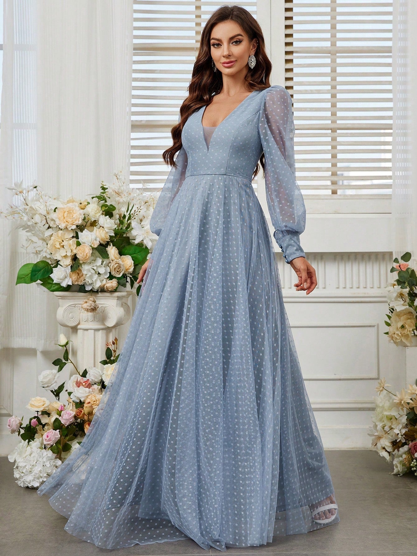 Belle Deep V-Neck Lantern Sleeve Mesh Bridesmaid Dress