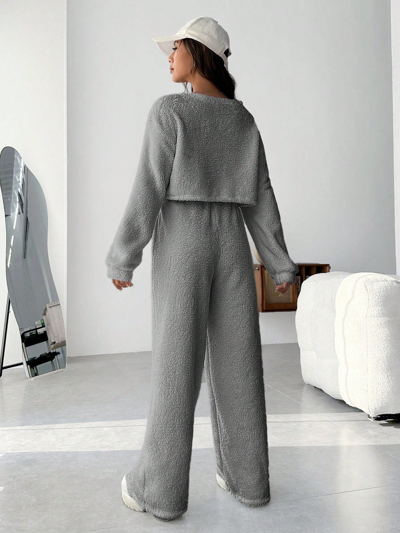 EZwear Plush V-neck Oversized Top And Pants Set