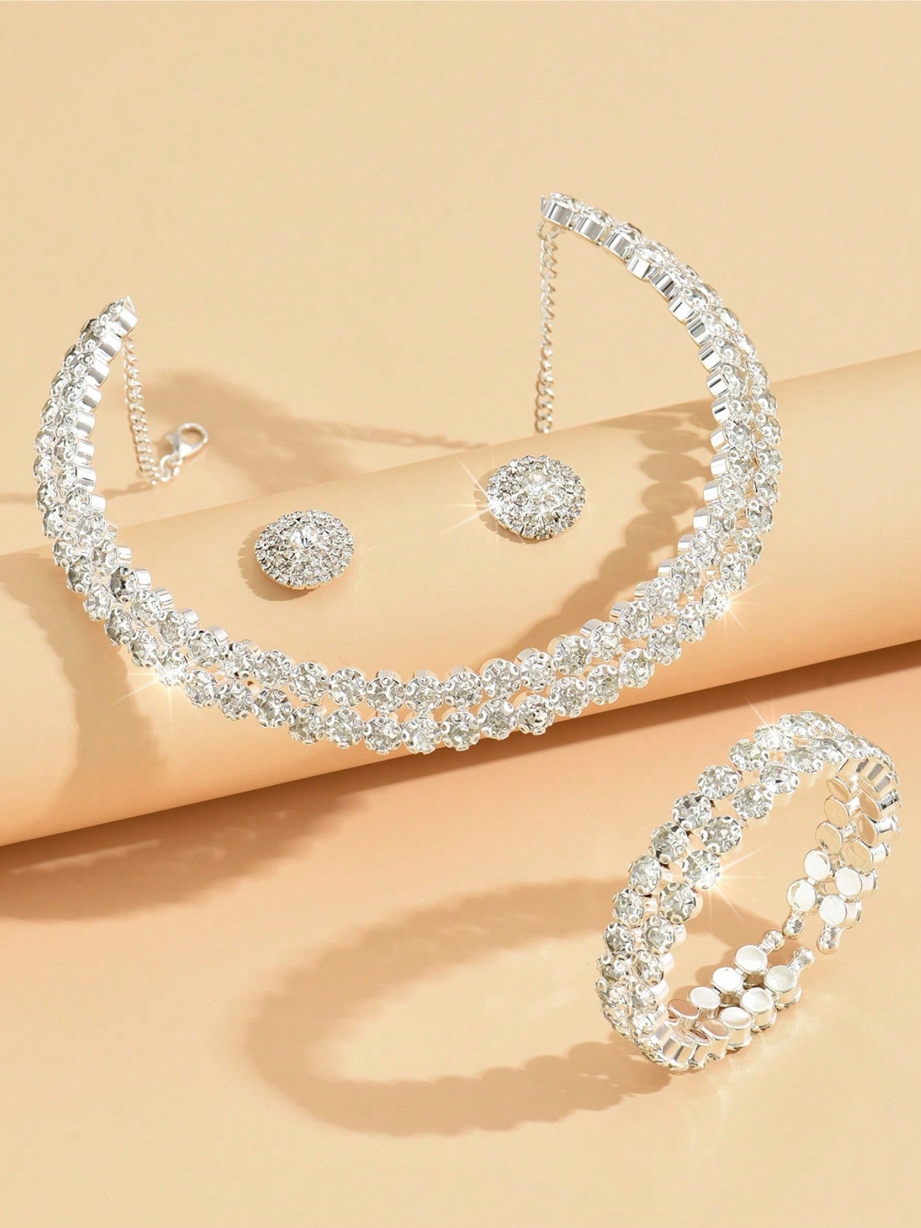 4pcs Luxurious Fashion Women's Full Rhinestone Circular Earrings Bracelet Necklace Set, Bridal Wedding Jewelry