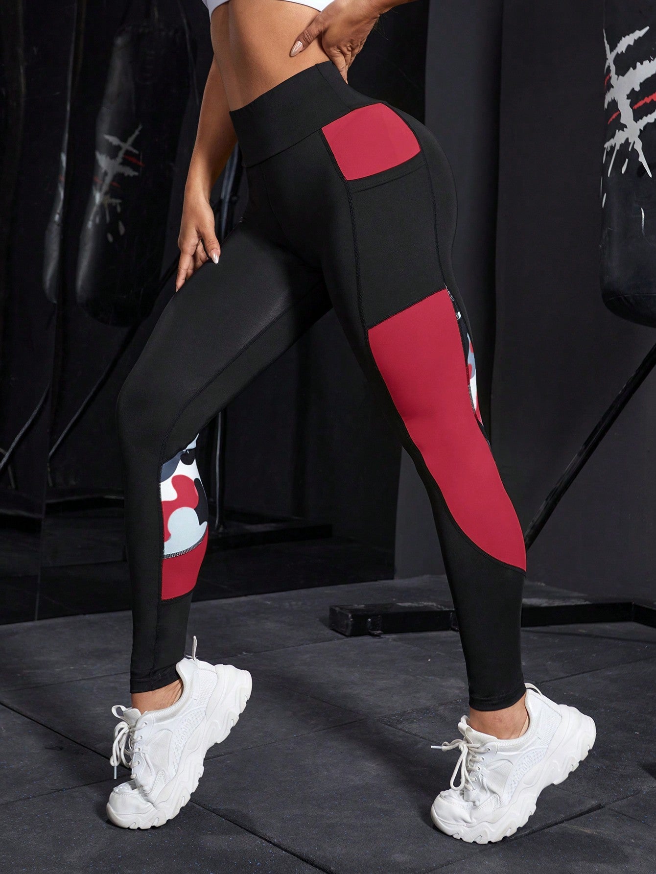 Colorblock Wideband Waist Sports Leggings With Phone Pocket