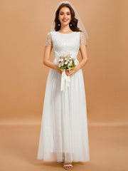 Women's Round Neck Short Sleeve Embroidery Sequin Long Mesh Wedding Dress