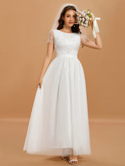 Women's Round Neck Short Sleeve Embroidery Sequin Long Mesh Wedding Dress