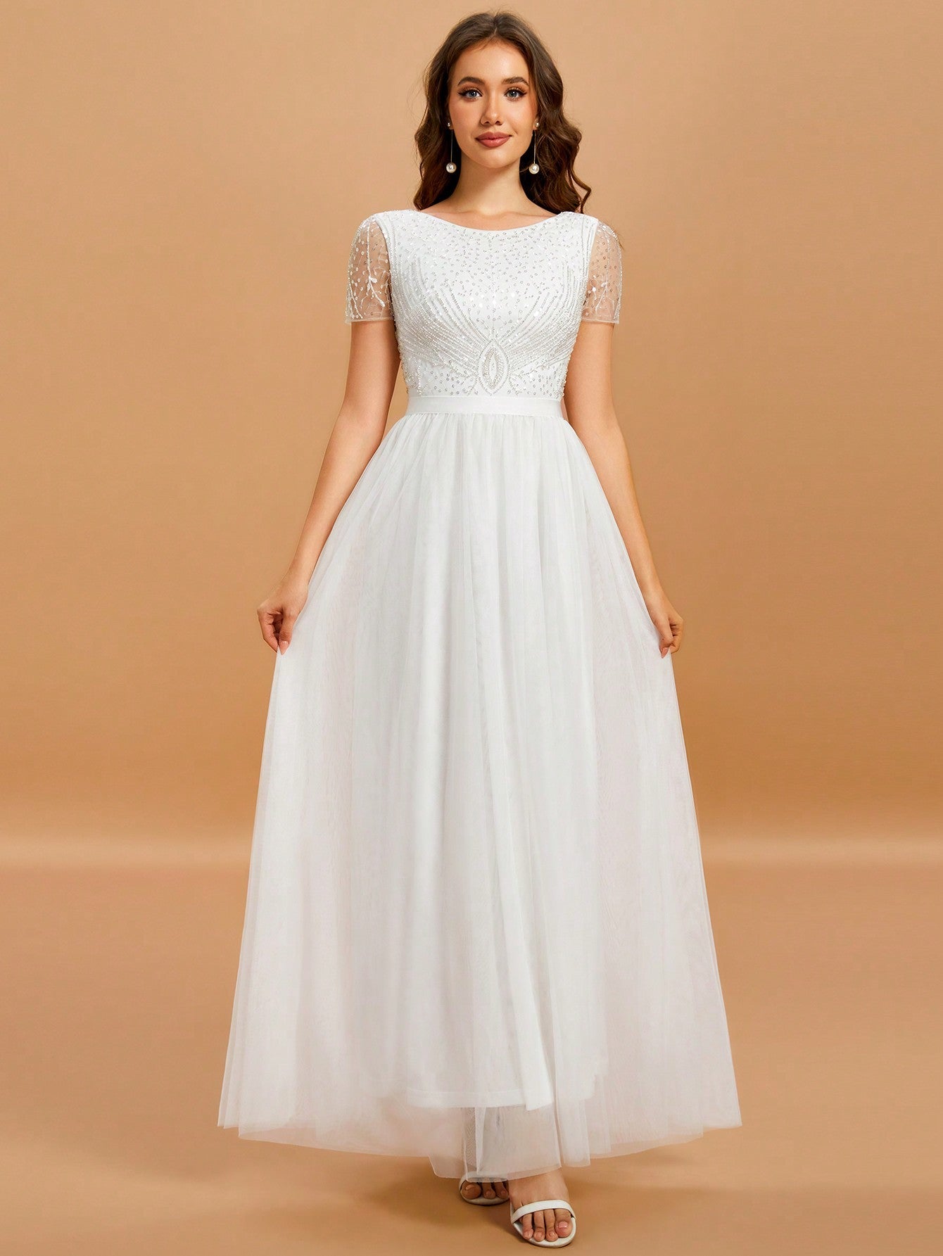 Women's Round Neck Short Sleeve Embroidery Sequin Long Mesh Wedding Dress