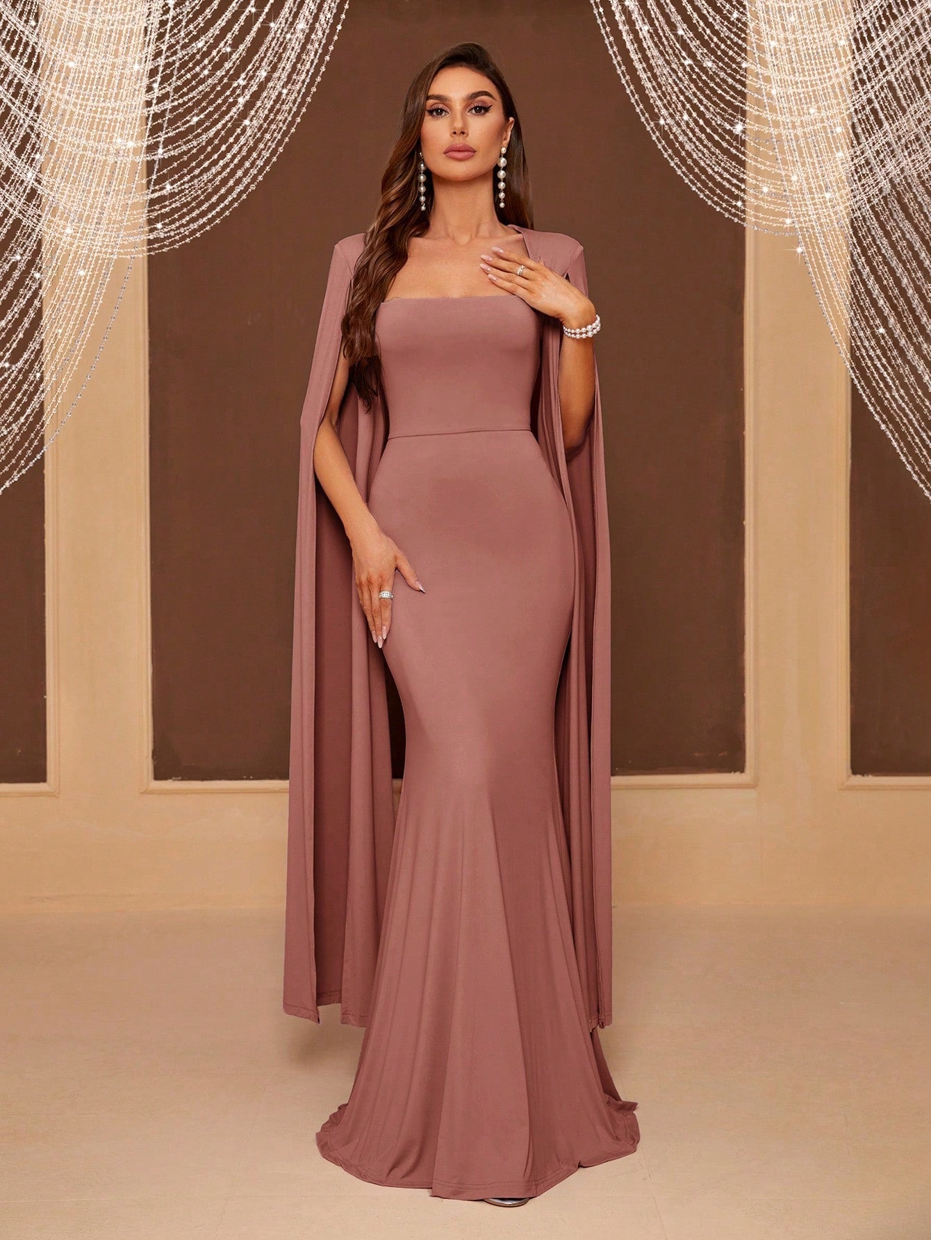 Belle Adult Bridesmaid Dress With Flared Sleeves, Square Neckline, Cinched Waist And Fish Tail Skirt