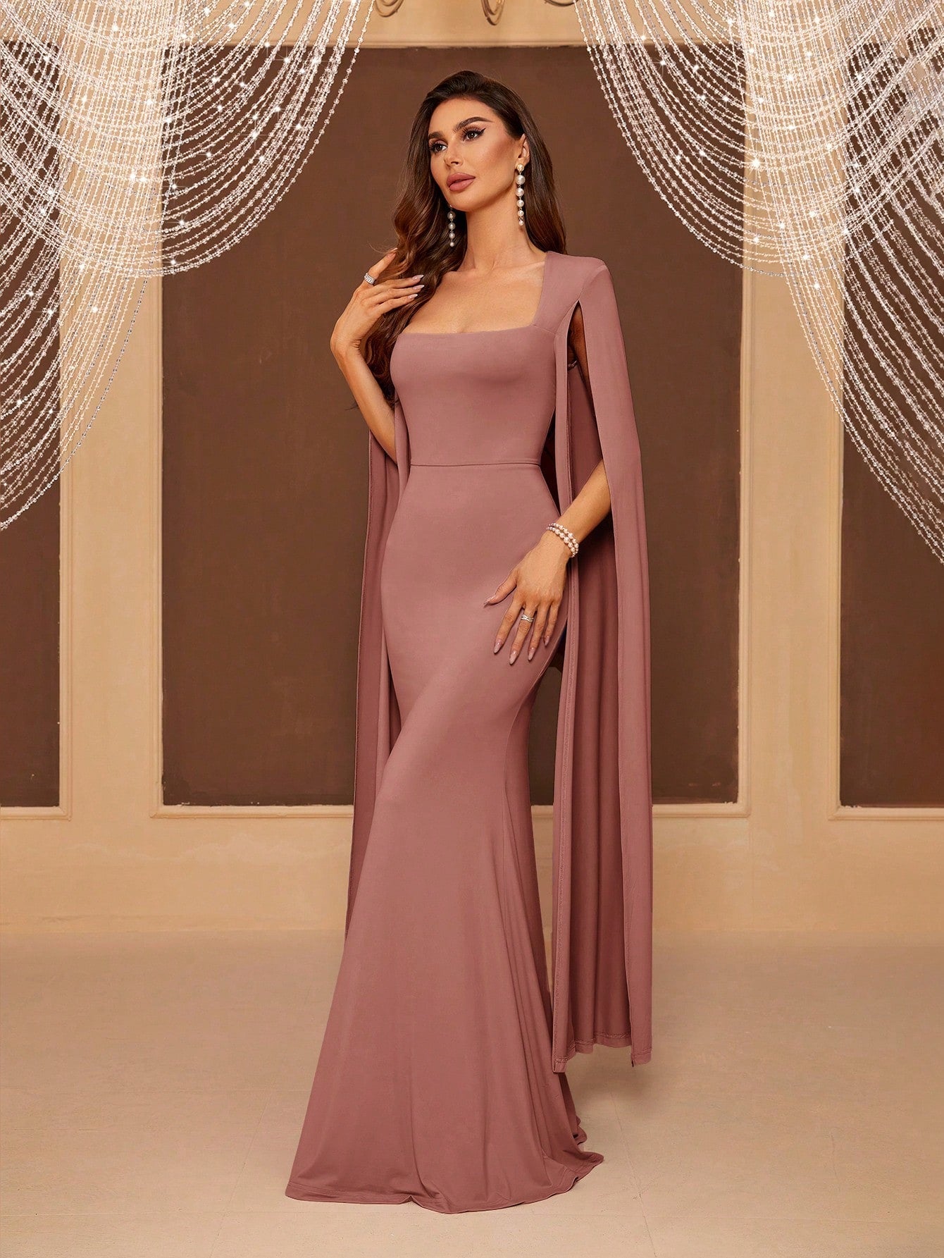 Belle Adult Bridesmaid Dress With Flared Sleeves, Square Neckline, Cinched Waist And Fish Tail Skirt