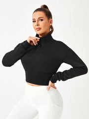 Solid Color Half Zip High Collar Sports Sweatshirt With Zipper