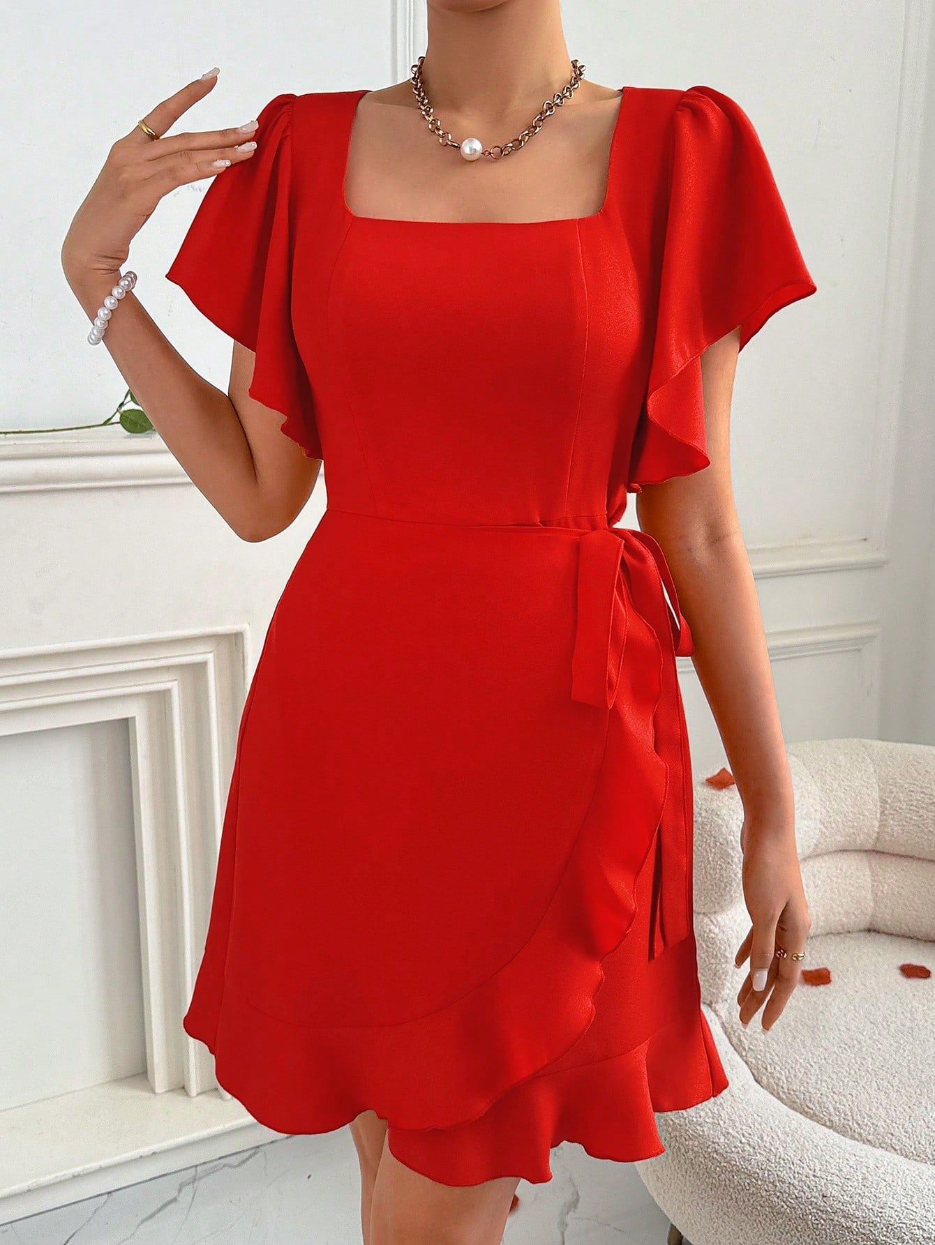 Privé Valentine's Day Holiday Short Wrap Dress With Flutter Sleeve And Cinched Waist