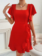 Privé Valentine's Day Holiday Short Wrap Dress With Flutter Sleeve And Cinched Waist