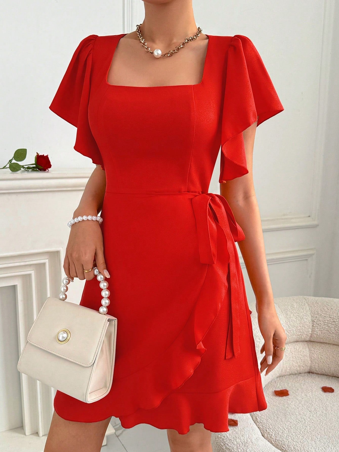 Privé Valentine's Day Holiday Short Wrap Dress With Flutter Sleeve And Cinched Waist